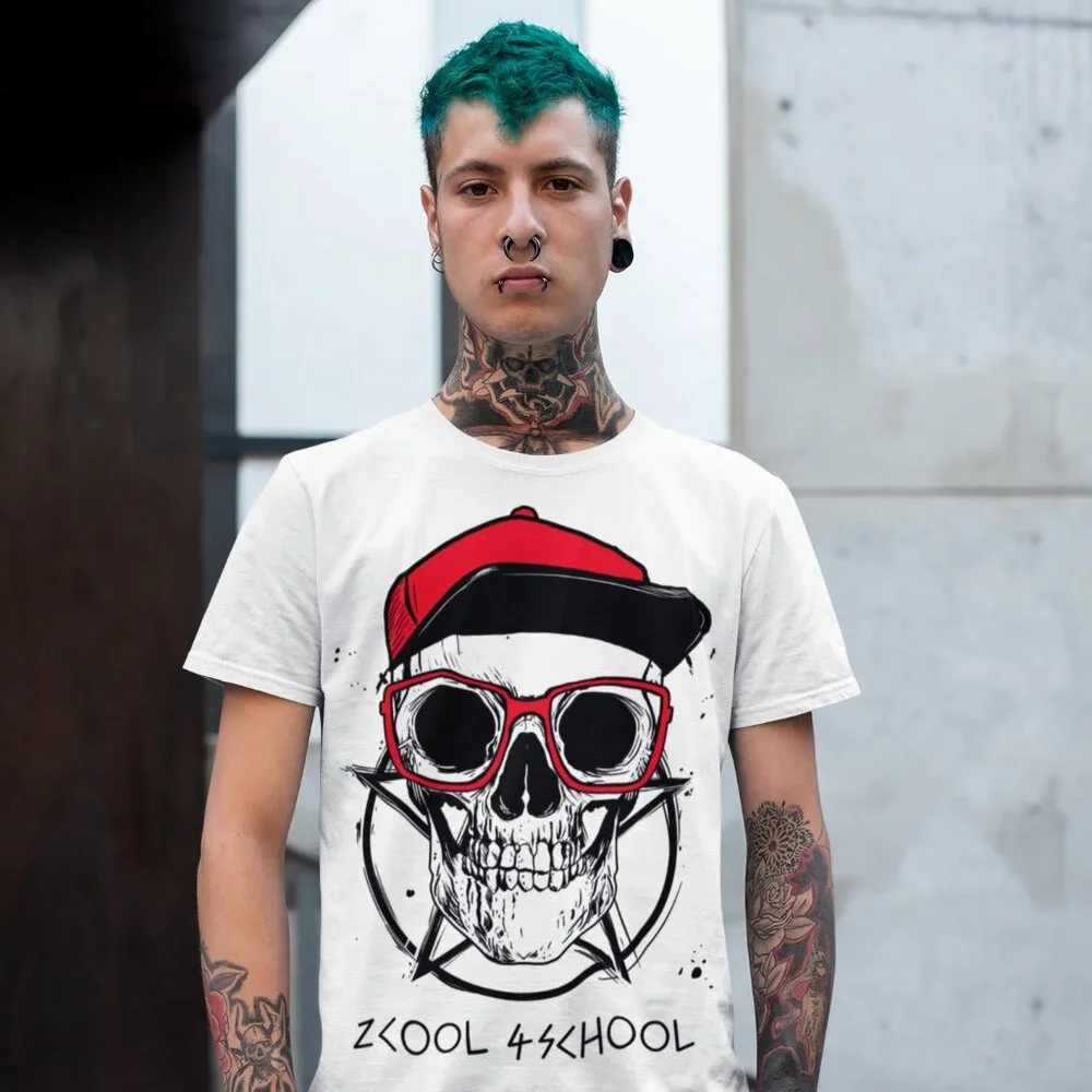 Men's Skater Punk 2Cool 4School Skull White Shirt Handcrafted Small - 3XL - Picture 1 of 4